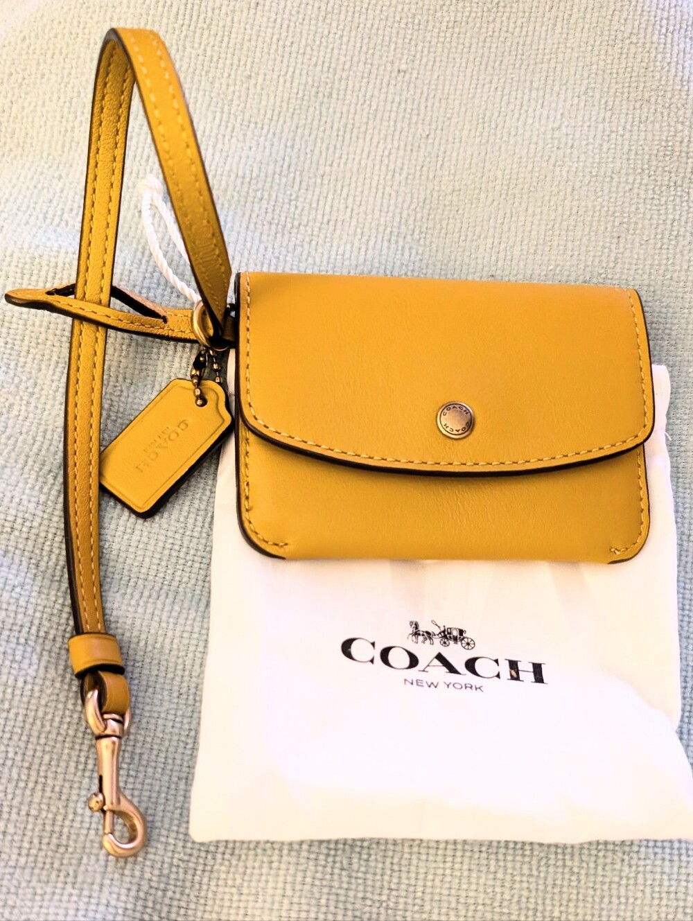 Coach Wristlet Mustard Golden Yellow Leather Snap Card Case W/ Strap & Dust Bag